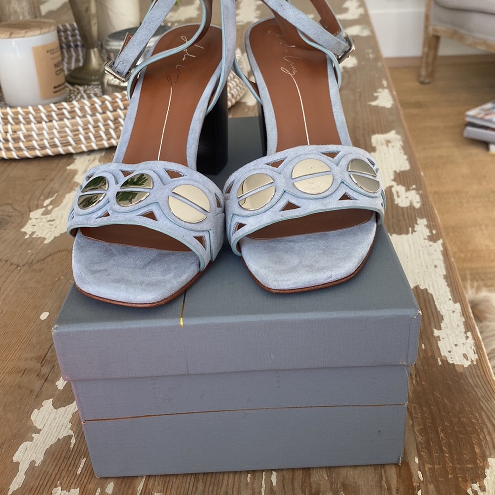 Anthropologie Brand New Lola Cruz Block Heel Blue Suede Comfortable Sandal ♥️🌈 - Picture 10 of 13
